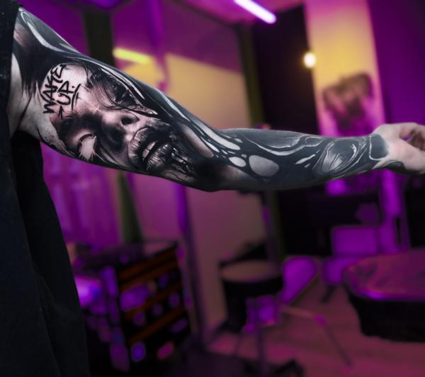 Realism surreal portrait tattoo by @pain4pleasure.tattoo