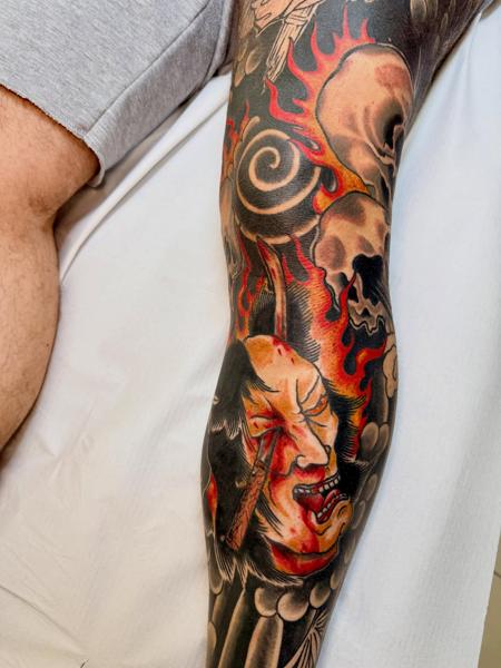 Japanese oni mask tattoo by @panikas_tattooer