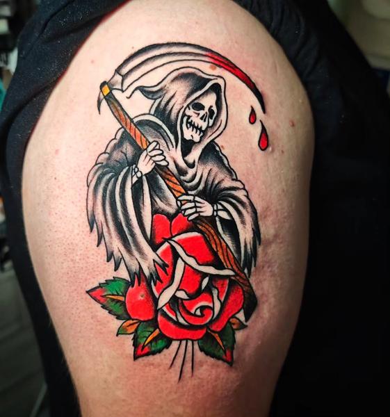 Traditional grim reaper tattoo by @panosntolas