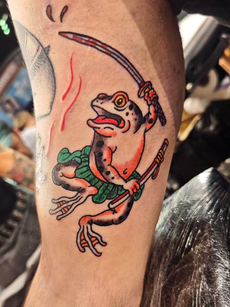 Traditional samurai frog tattoo by @panosntolas