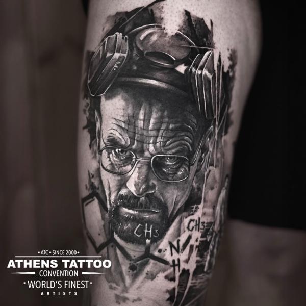 Realism chemist portrait tattoo by @panayiotis_so