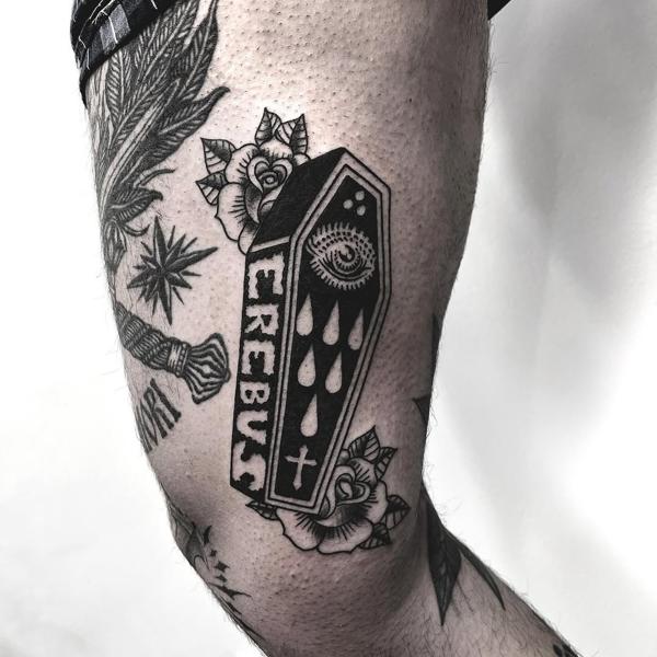 Traditional coffin with eye tattoo by @stonerstattoo