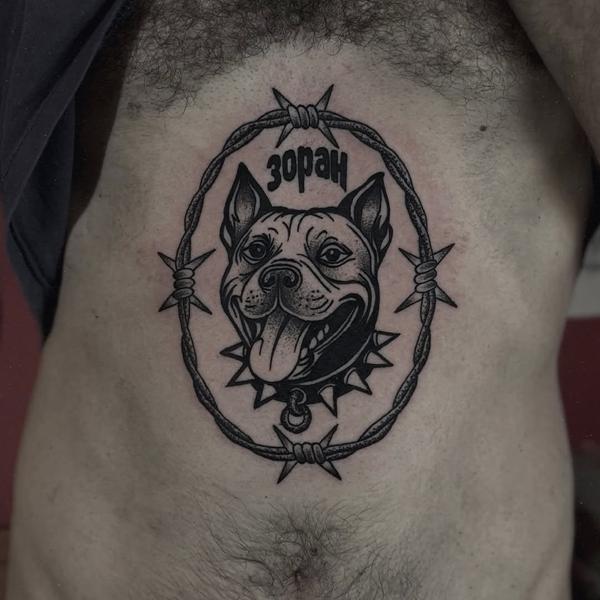 Traditional dog portrait tattoo by @stonerstattoo