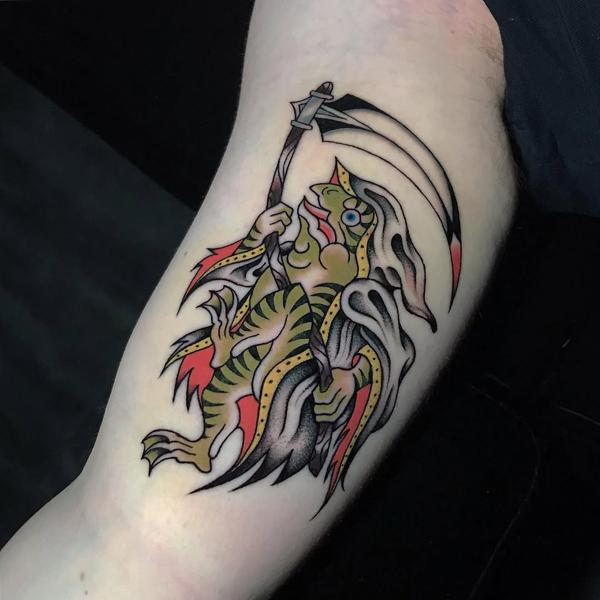 Traditional reaper frog tattoo by @ksr_junx