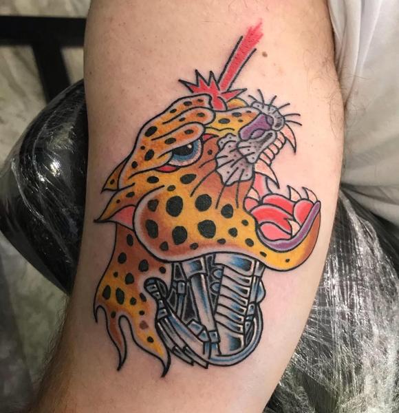 Traditional cybernetic leopard tattoo by @ksr_junx
