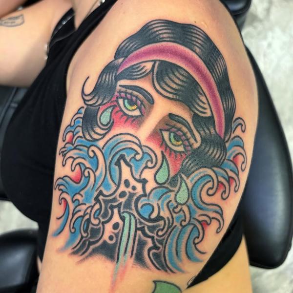 Traditional crying woman tattoo by @ksr_junx