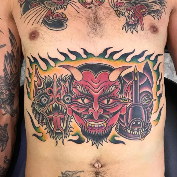 Traditional demon masks tattoo by @ksr_junx