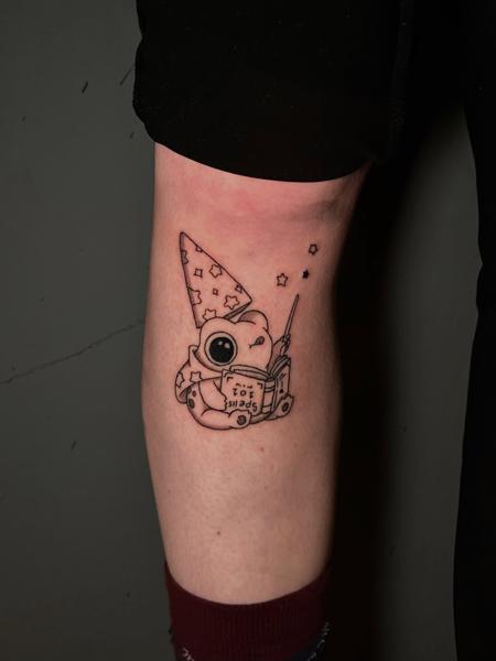 Fine line wizard frog tattoo by @littletinypoke
