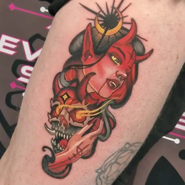 Neo-traditional devil woman skull tattoo by @mrdbtattoo