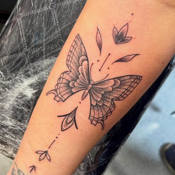 Fine line dotwork ornate butterfly tattoo by @mrdbtattoo