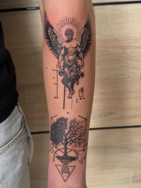 Blackwork angel and tree tattoo by @kulo_tattoo_art