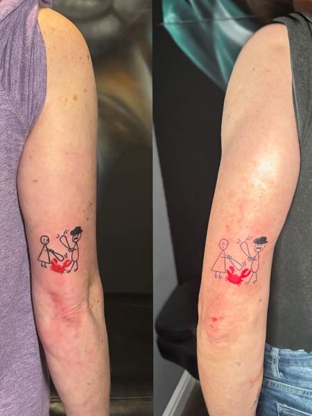 Minimalist stick figure scene tattoo by @kulo_tattoo_art