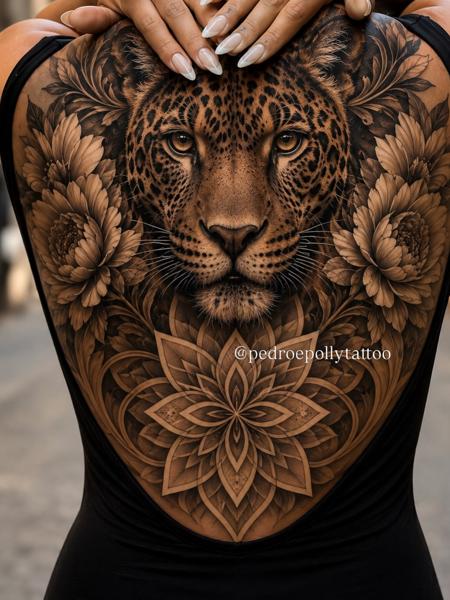 Realism jaguar floral mandala tattoo by @pedroepollytattoo