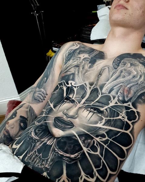 Realism gothic face tattoo by @pedrovandiesel