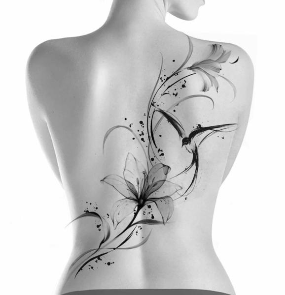 Fine line hummingbird and flowers tattoo by @pedrovandiesel