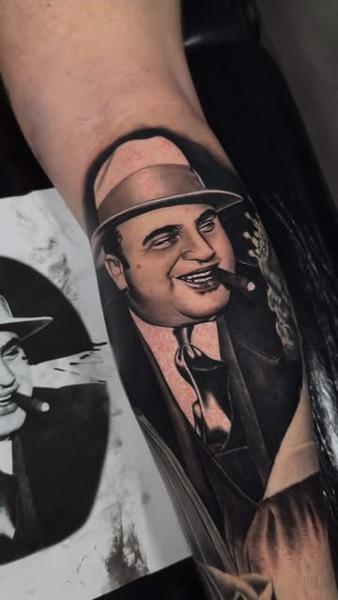 Realism gangster portrait tattoo by @pedrovandiesel