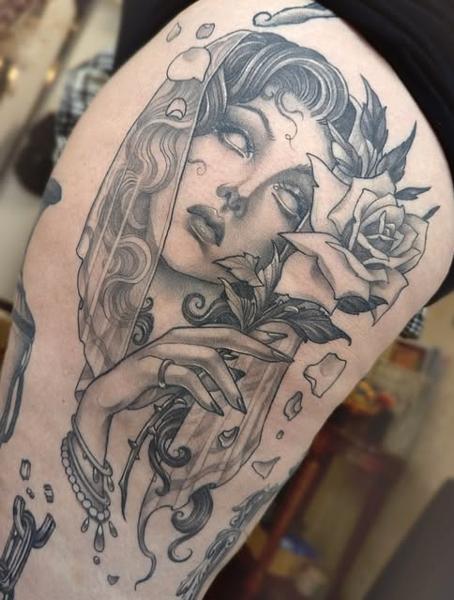 Realism woman with rose tattoo by @penelopetentakles
