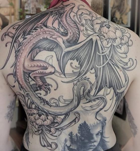 Japanese dragon and flowers tattoo by @penelopetentakles