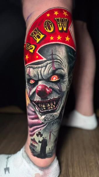 Realism creepy clown tattoo by @lilpete_tattoo
