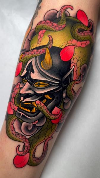 Japanese hannya mask tattoo by @petermurrayartist