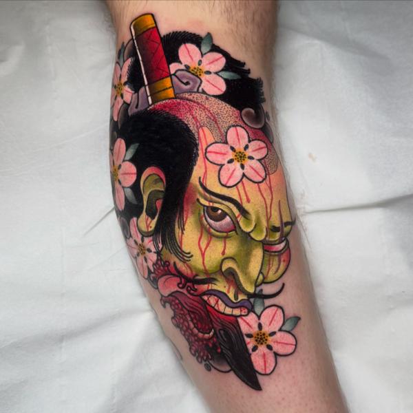 Japanese samurai mask tattoo by @petermurrayartist