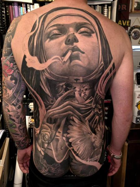 Realism smoking nun tattoo by @phil_t88