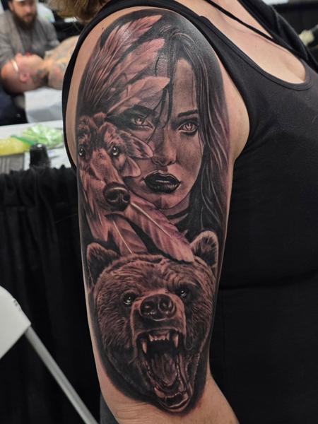 Realism woman and bear tattoo by @phil_t88