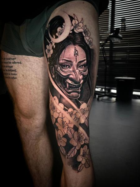 Black And Grey Realism demon mask tattoo by @phil_t88