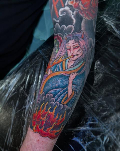 Japanese oni woman fire tattoo by @philmoody_tattoos