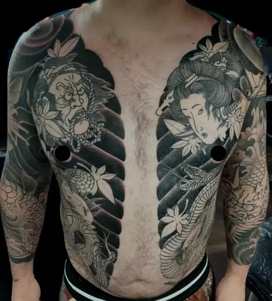 Japanese japanese figures, dragons tattoo by @philmoody_tattoos