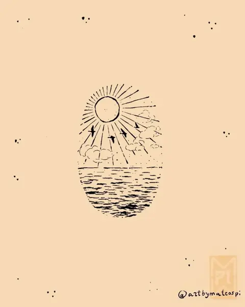 Fine line sun and sea tattoo by @artbymateospi