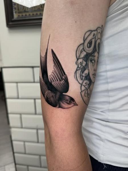 Realism flying bird tattoo by @polishpollytattoo