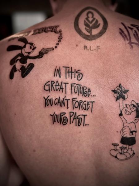 Illustrative quote and cartoons tattoo by @kylepotterink