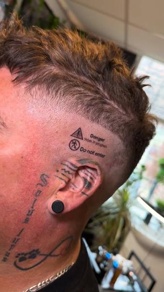 Fine line warning signs tattoo by @kylepotterink