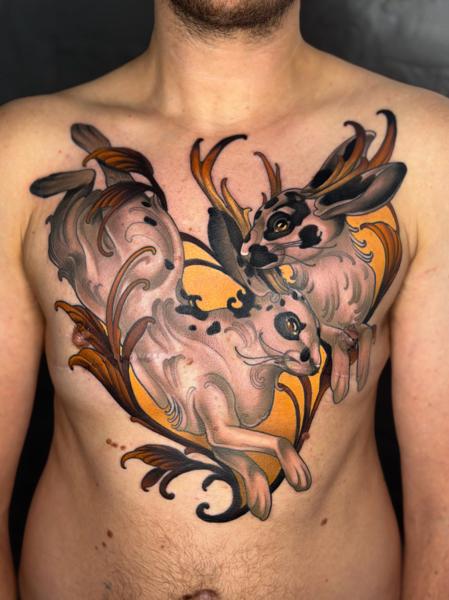 Neo-Traditional jackalope tattoo by @psyhiskond