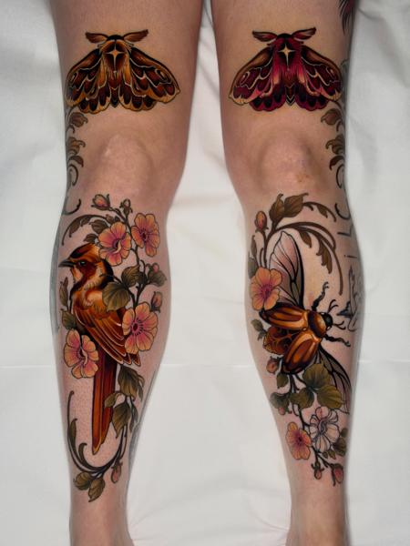Traditional bird and beetle tattoo by @psyhiskond