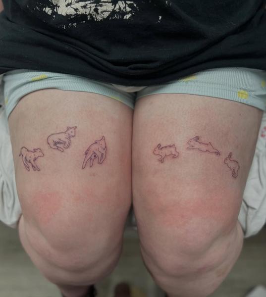Fine line jumping animals tattoo by @bramblestattoos