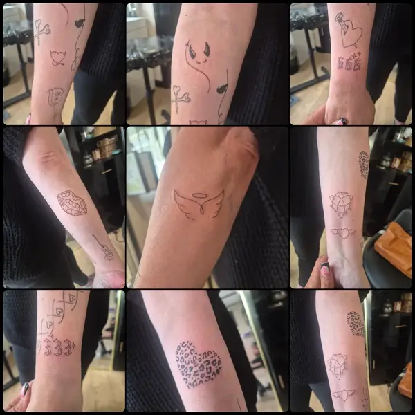 Fine line various small designs tattoo by @rachaelmarie.floraink