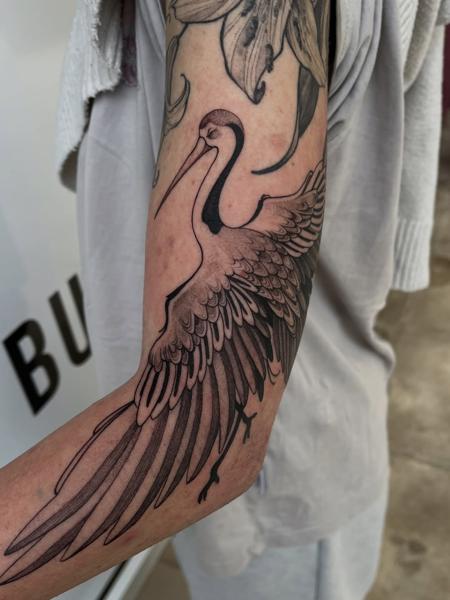 Japanese flying crane tattoo by @raniatattoos