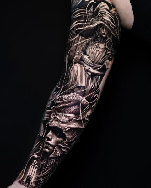 Illustrative realism dark fantasy figures tattoo by @mumia916