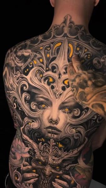 Ornamental realism ornamental portrait demon tattoo by @mumia916