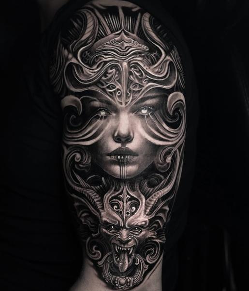 Dark realism dark goddess demon tattoo by @mumia916