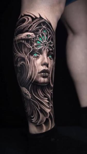 Realism gothic woman snake tattoo by @mumia916