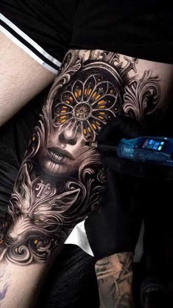 Ornamental realism gothic woman wolf tattoo by @mumia916