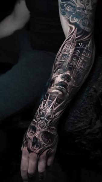 Realism gothic skull cathedral tattoo by @mumia916