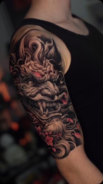 Japanese demon face tattoo by @razvanand