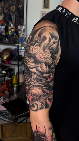 Japanese demon face tattoo by @razvanand