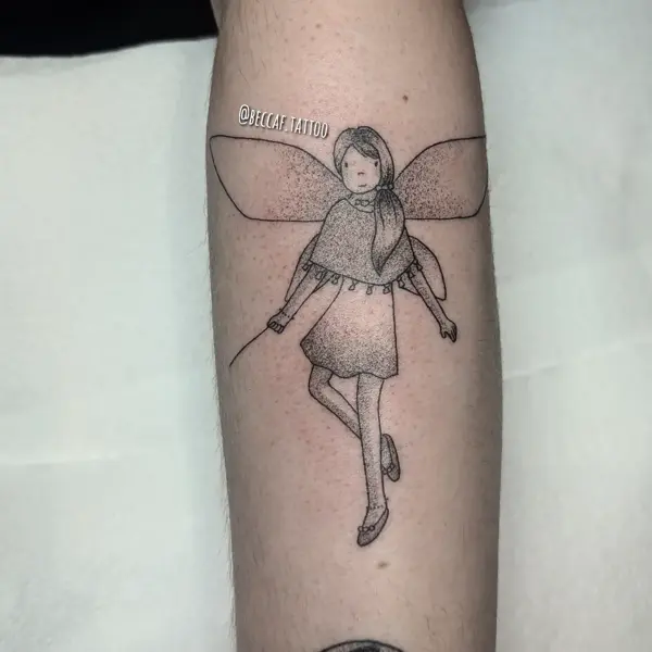 Dotwork fairy character tattoo by @beccaf.tattoo