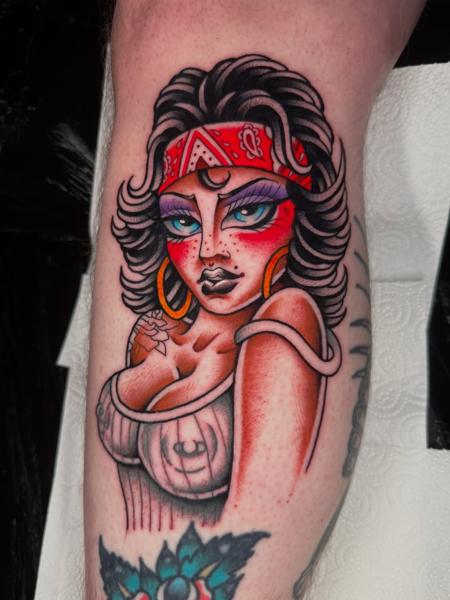 Traditional gypsy woman tattoo by @reece_bolt