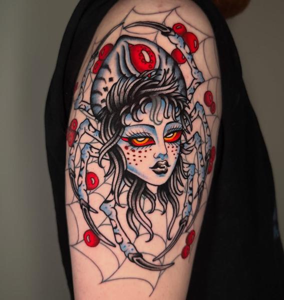 Traditional spider woman tattoo by @reece_bolt